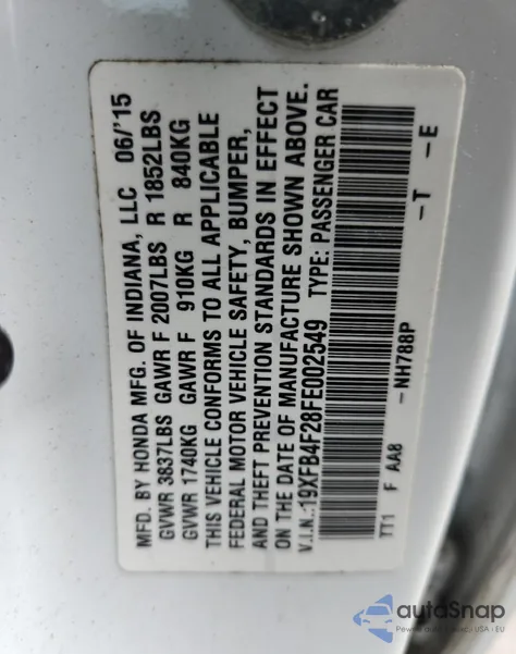 2015 Honda Civic Hybrid z USA, uszkodzony, nr VIN 19XFB4F28FE002549